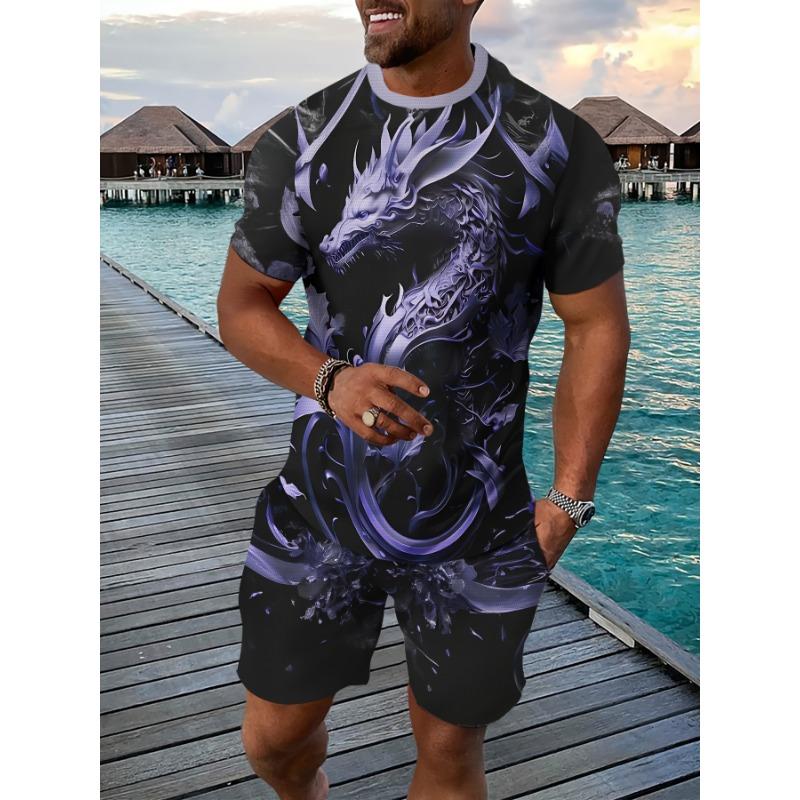 Golden Dragon Casual Sports Suit Breathable Outdoor Casual Men's T-shirt Five-point Pants Set