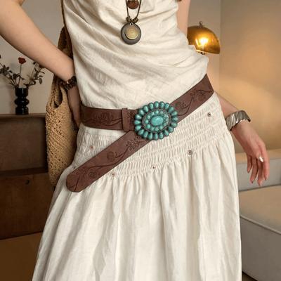Ceinture Western Bohème réglable pour femme Marron Motif en relief Ceinture de taille pour robe Ceinture de taille Décoration de ceinture