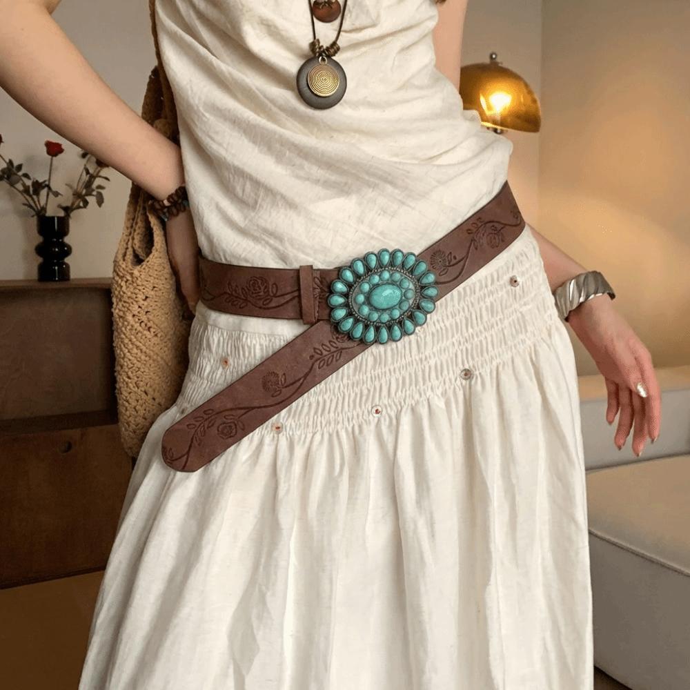 Brown Embossed Waist Belt Oval Turquoise Buckle Dress Waistband  Niche Accessories