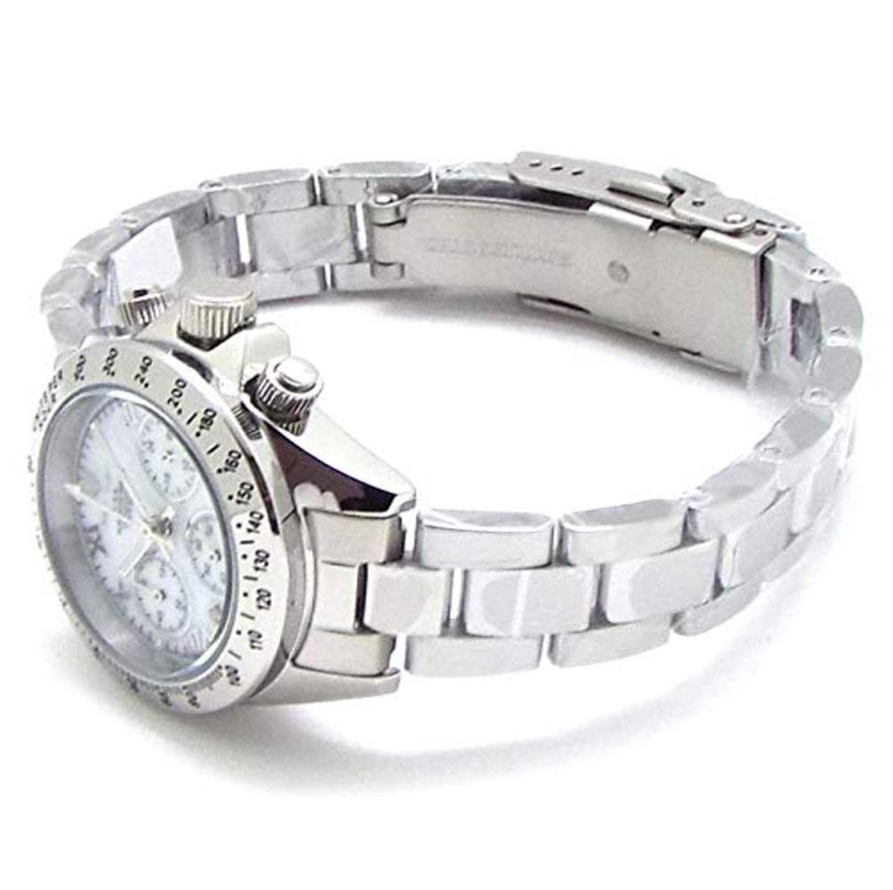 Montre femme chronographe tachymètre Equipée d'un mouvement japonais Cadran en coquillage blanc naturel Résistant à l'eau jusqu'à 10 ATM Outil de réglage de la ceinture