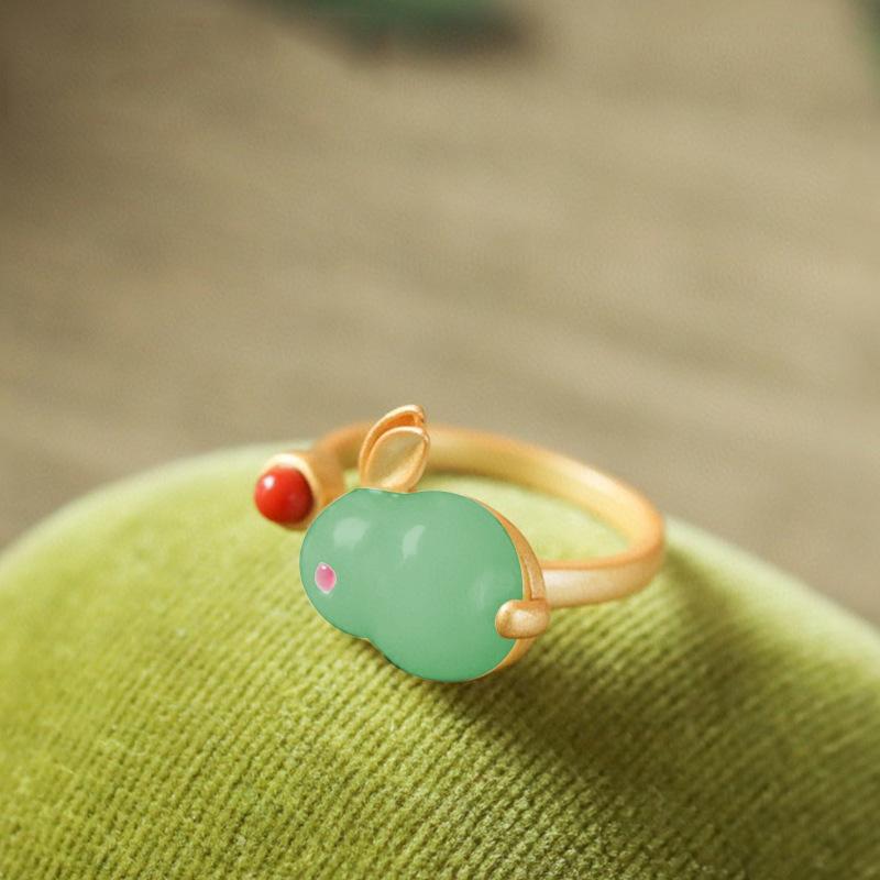 Jade Rabbit Set Imitation Natural Hetian Jade Ring, Ancient Gold Inlaid Chalcedony Rabbit Necklace Cute Rabbit Stud Earrings Pendant