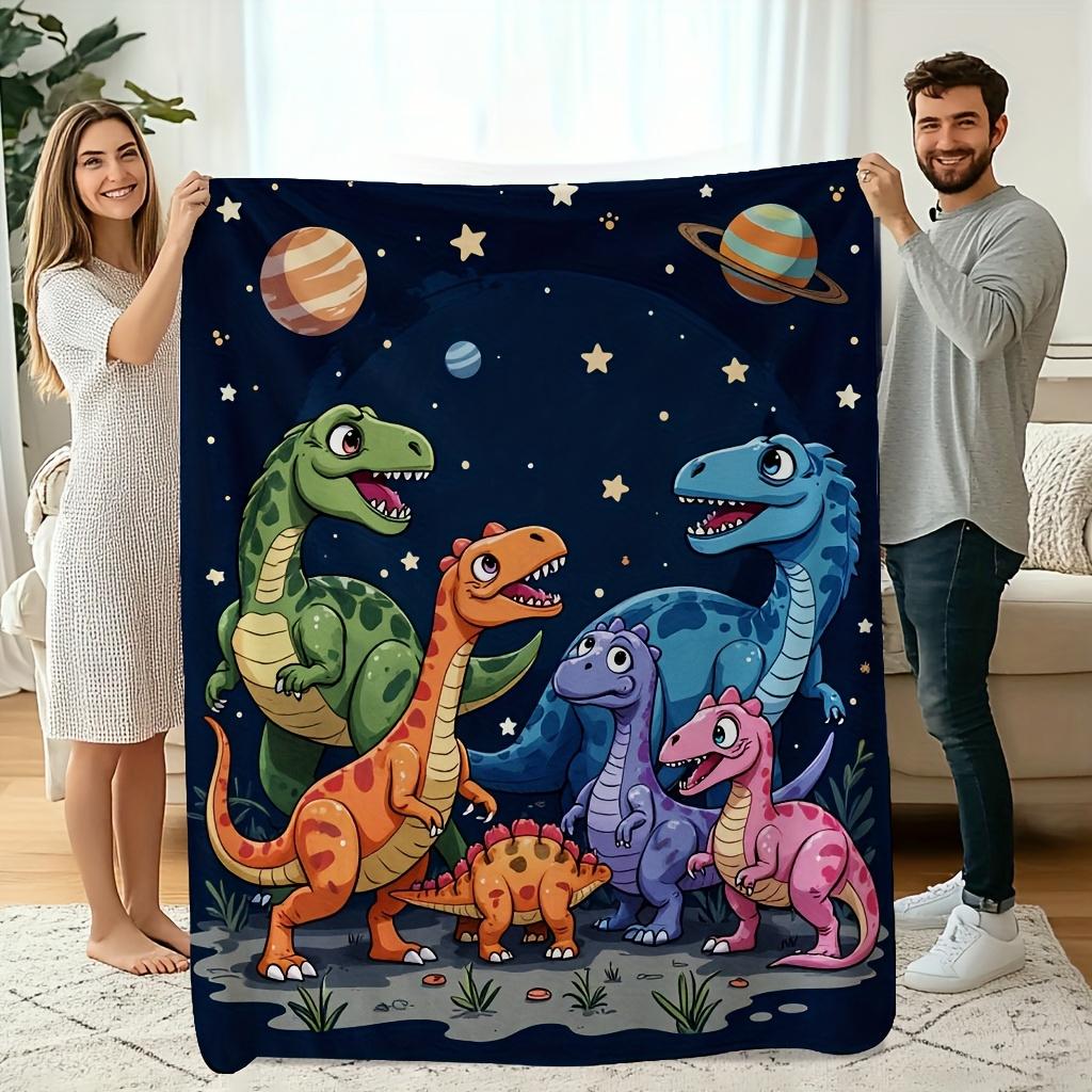 Cozy Dinosaur Festival Flannel Throw - Vintage Style with Cartoon Dinosaurs Stars - Perfect for Couch, Sofa, Bed, Office, Travel 75X95CM