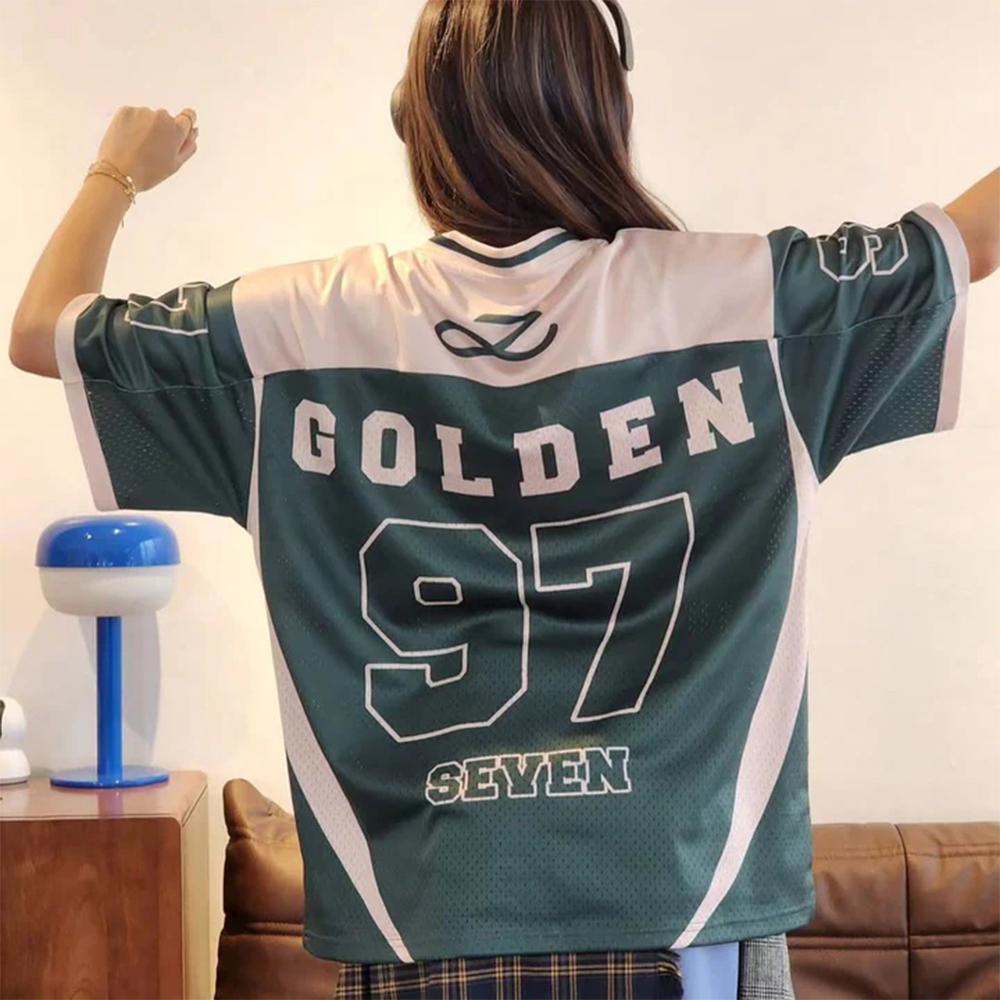 2026 New Women's Spring/Summer Y2K Fashion Casual Golden 97 Mesh Jersey Oversized Breathable Speed Drying Sports T-shirt