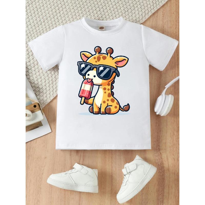 European Sizes Adorable Cartoon Giraffe Design with Glasses, Enjoying a Popsicle. A Short-Sleeved T-Shirt Ideal for Casual Summer Outings