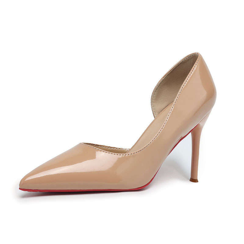 

Стильные черные туфли на высоком каблуке, тонкий каблук, открытая сбоку острая носочная часть, платье с неглубоким вырезом, простые и универсальные из лакированной кожи, весна и лето с красной подошвой 40