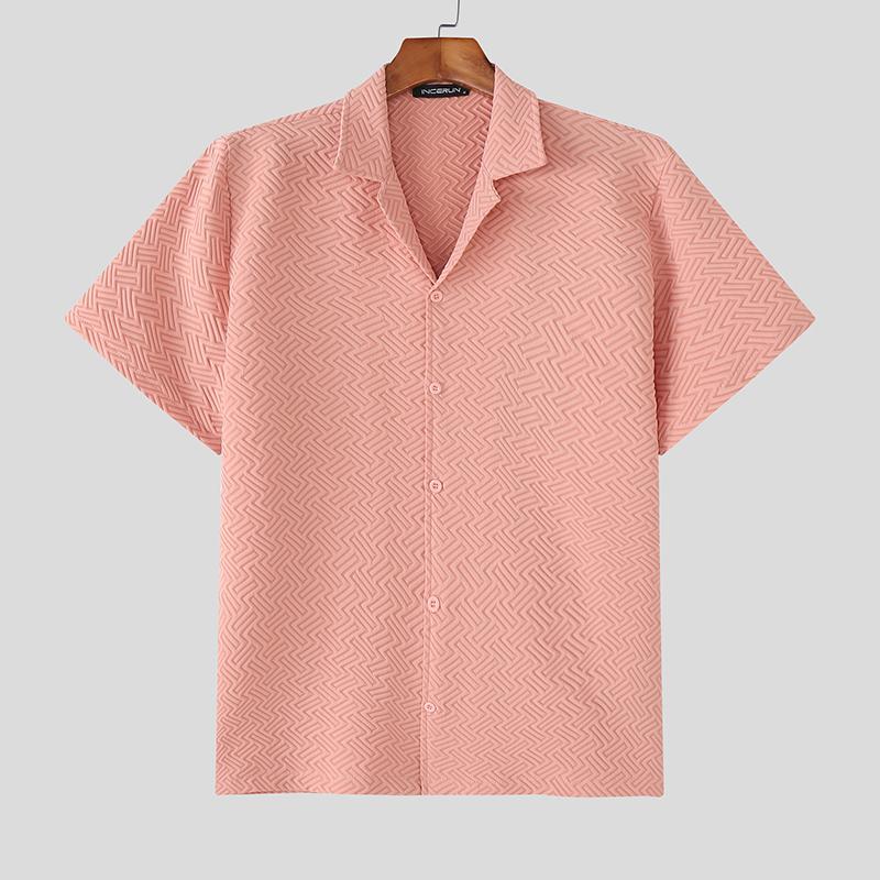 INCERUN S-5XL Men Lapel Short Sleeve Texture Buttons Casual Loose Shirts