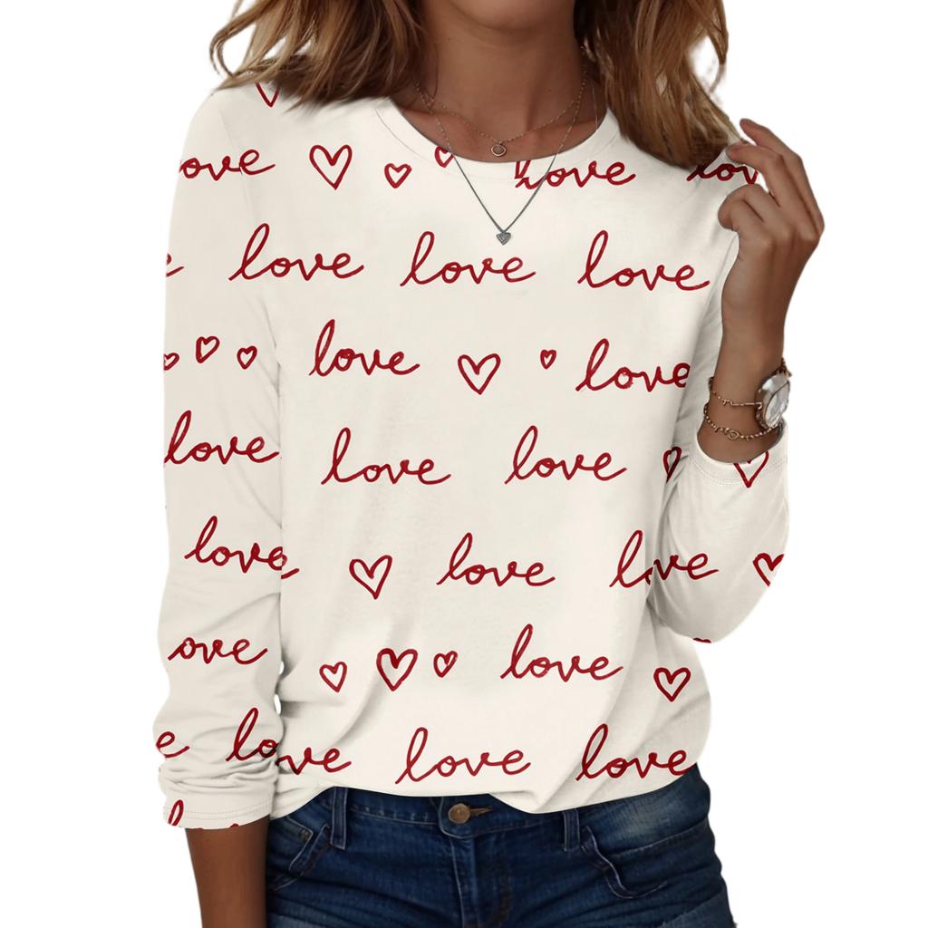 Women's Heart,shaped Printed Round,neck Loose Long,sleeved Top