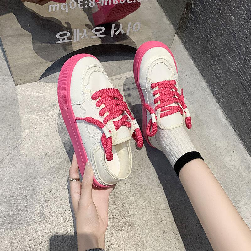 Thin Breathable Canvas Shoes for Women's 2025 Autumn New Student Casual Board Shoes Rose Red Foot Stepping Two Wearing White Shoes
