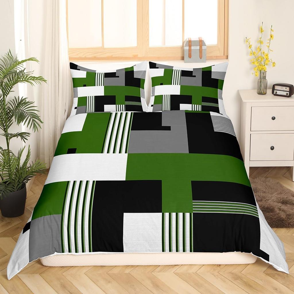 Feelyou Geometrisches Bettwäsche-Set Queen-Size Grün Schwarz Grau Bettbezug-Set für Jungen Mädchen Teenager Rechteck Quadrat Bettbezug Modern Abstrakt