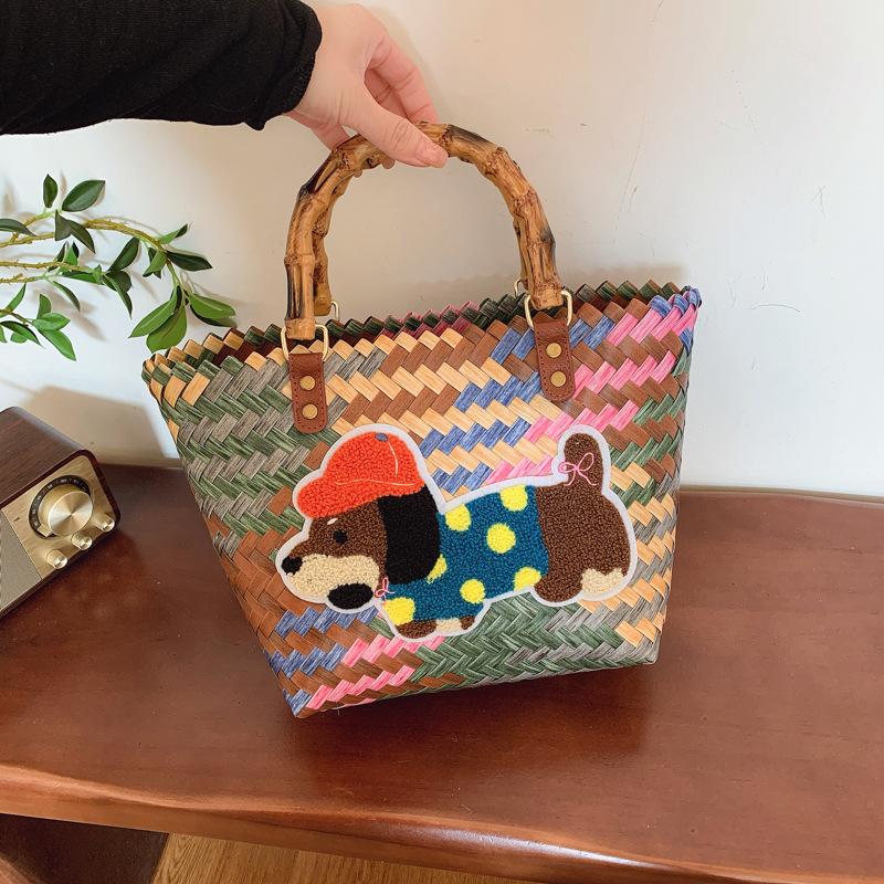 Large Capacity Dachshund Handwoven Bag Vegetable Basket Rattan Handbag Work Sundries Small Bag Picnic Women's Bag