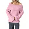 Women's Off-Shoulder Pullover Sweater with Fold-Over Collar, Relaxed Fit Versatile Casual Knit Top