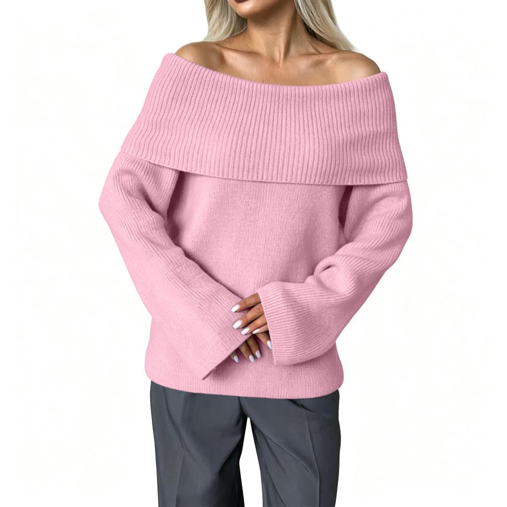 Women's Off-Shoulder Pullover Sweater with Fold-Over Collar, Relaxed Fit Versatile Casual Knit Top