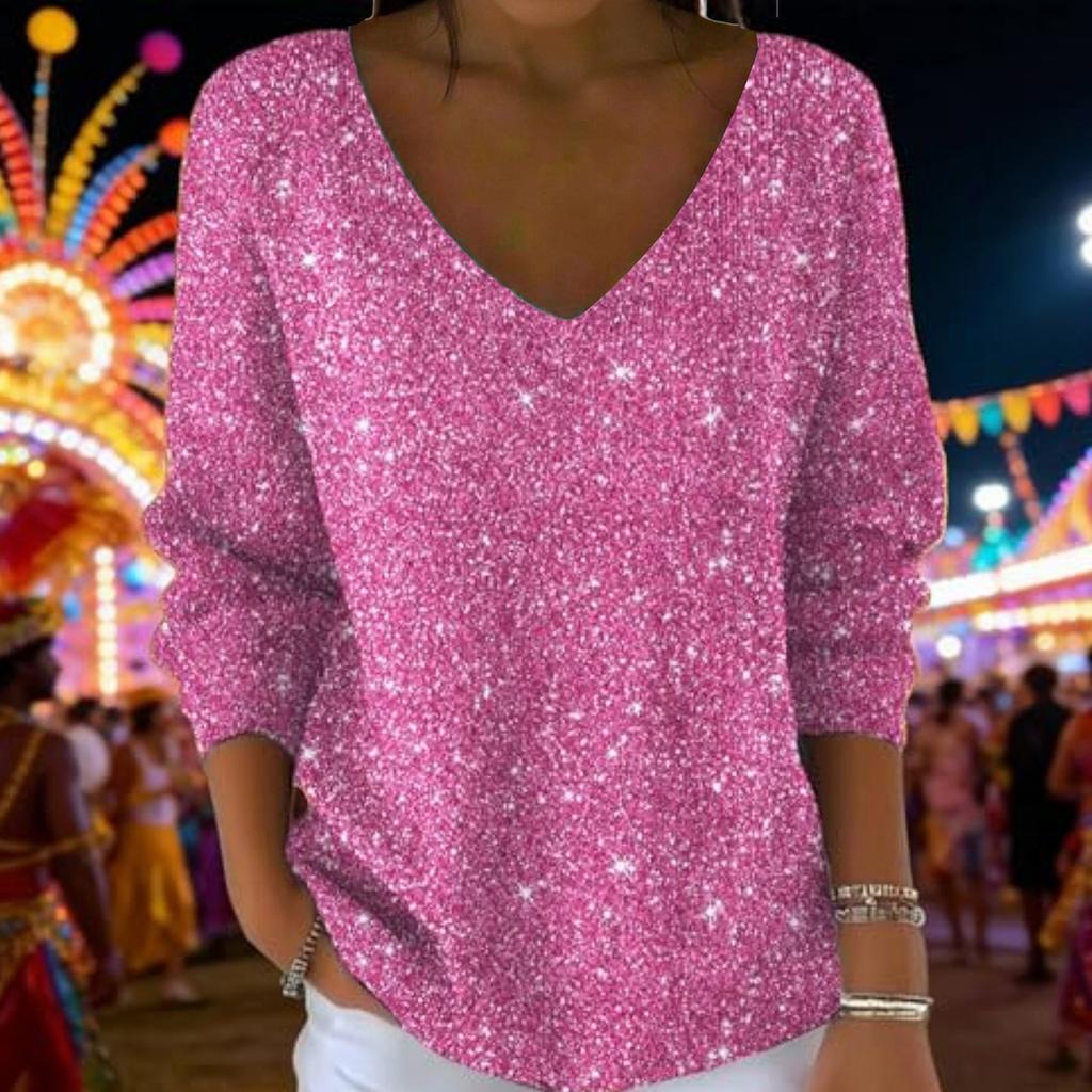 Women's Casual Daily Long-Sleeved V-Neck Faux Sweater Knitted Pullover Top With Sequins