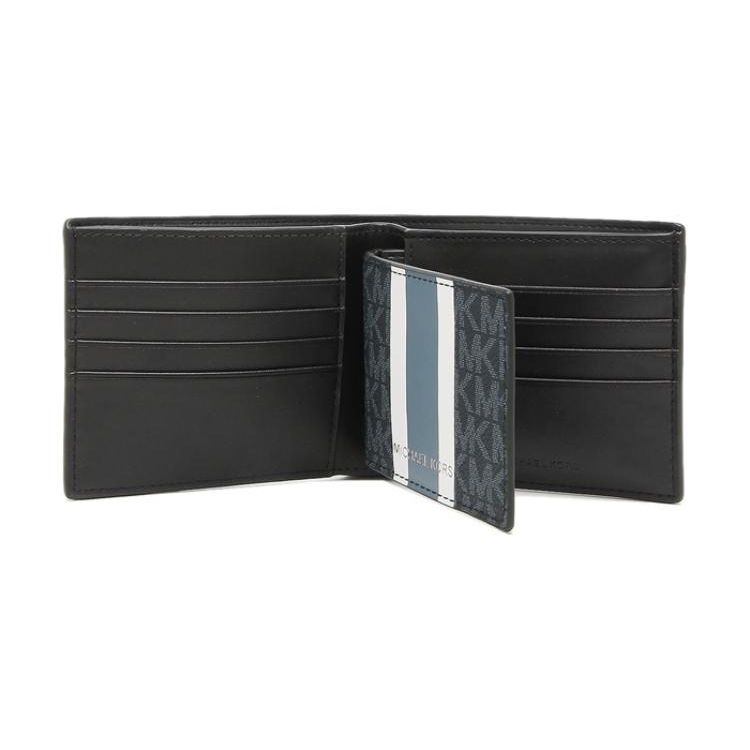 Michael Kors Logo Stripe Double Fold Coated Canvas Wallet Men Wallet Blue 36H1LGFF1B-ADMIRAL