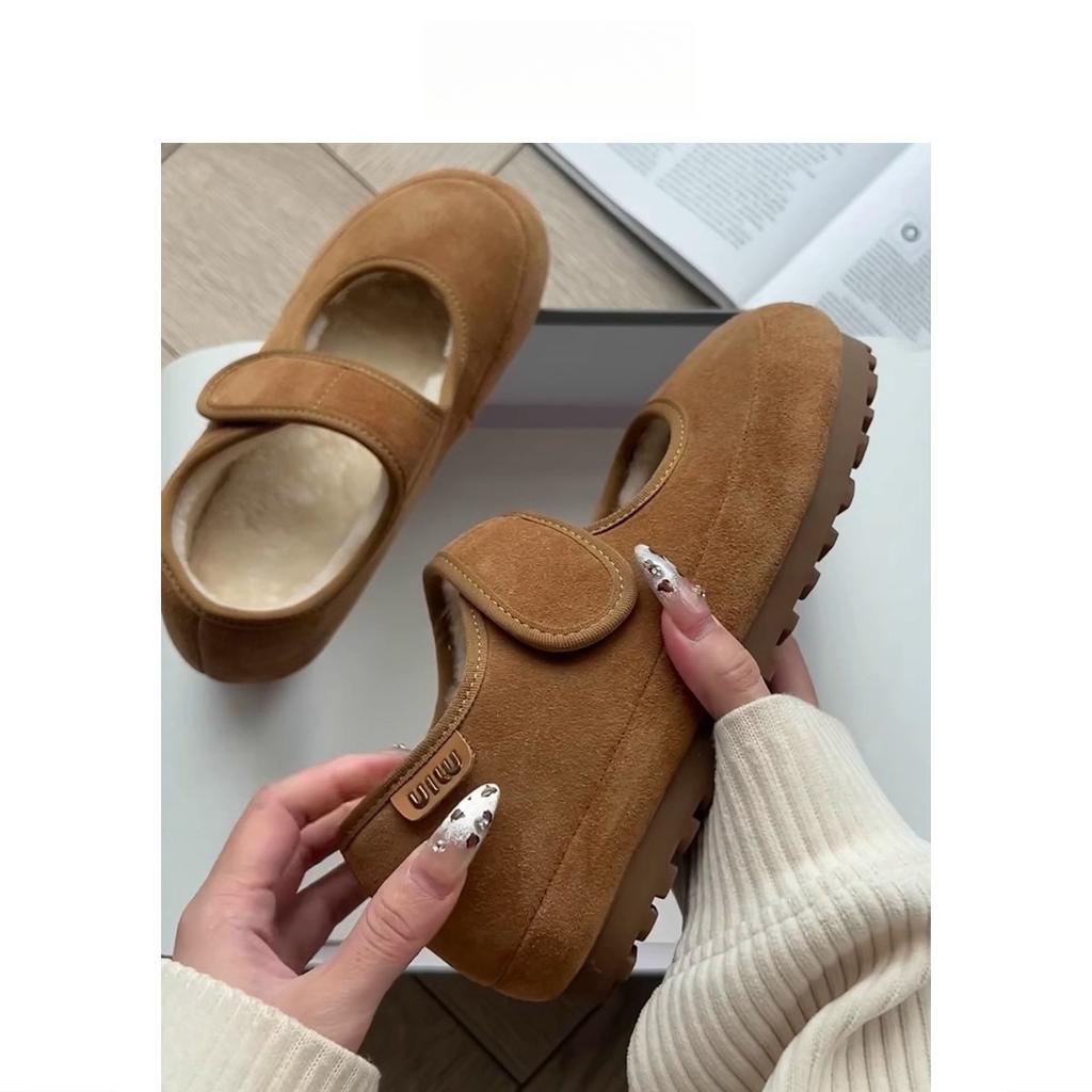 Soft Leather Version~ Heel Height 4cm Mary Jane Shoes Mao Mao Shoes 2025 New Suede Velcro Fleece Warm Casual Shoes
