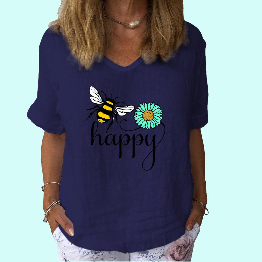 Women Fashion V Neck Short Sleeve Top Summer Casual Cotton Linen Shirt Ladies Print T-shirt