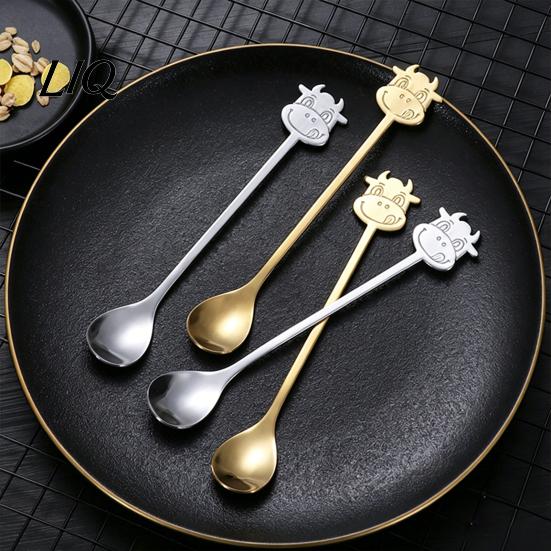 Acid Alkali Resistant Spoon Stainless Steel Coffee Spoon, Long Handle with Bull Head Decor, Pudding Dessert Multifunctional Stirring for Milk