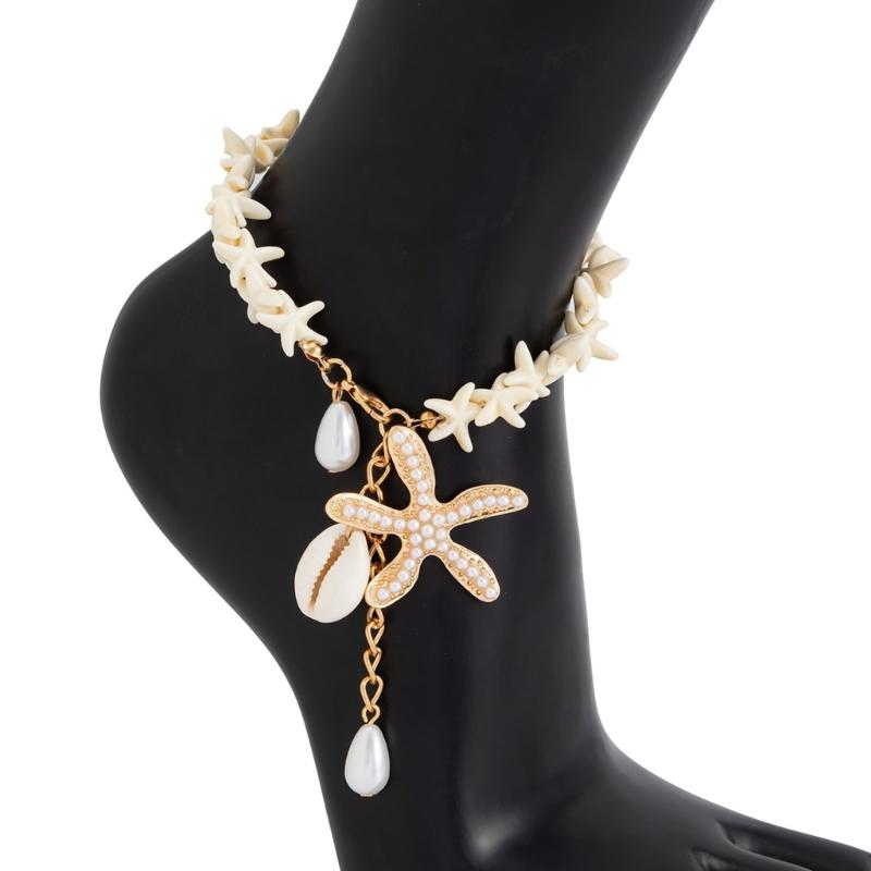 Shell Detail Anklet for Women Starfish Pendant Bead Drops Gold Tone Chain Jewelry for Beach Vacation Summer Styling