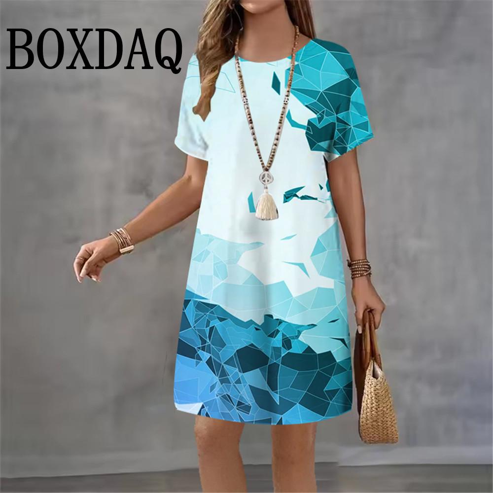 2026 Summer Abstract Dress 3D Print Streetwear Women's Elegant Fashion Loose Short Sleeve Dresses Female Tie Dye Woman Clothing