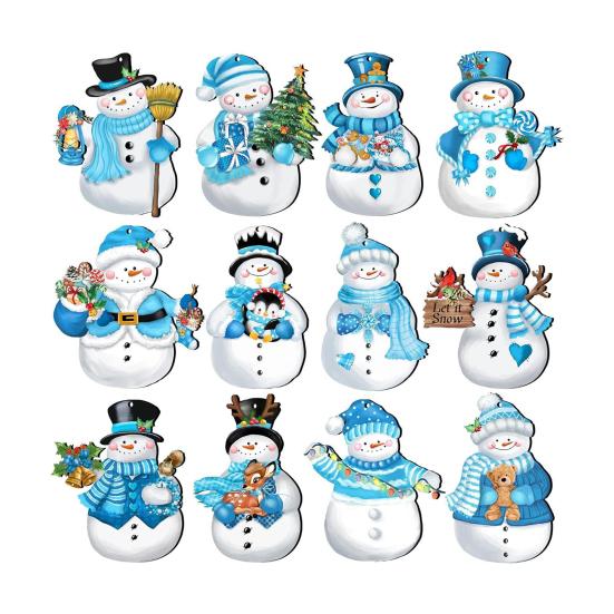 12Pcs Christmas Wooden Snowman Hanging Decoration Farmhouse Rustic Holiday Party Winter Xmas Tree Cartoon Snowman Hanging Ornament