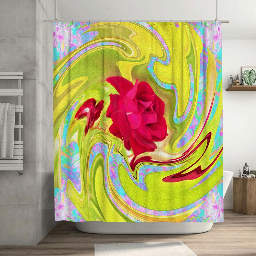 Stylish Modern Bathroom Shower Curtain with Abstract Floral Design for Home Decor Green, Red Yellow Colors 72 x 78 Inches Long S