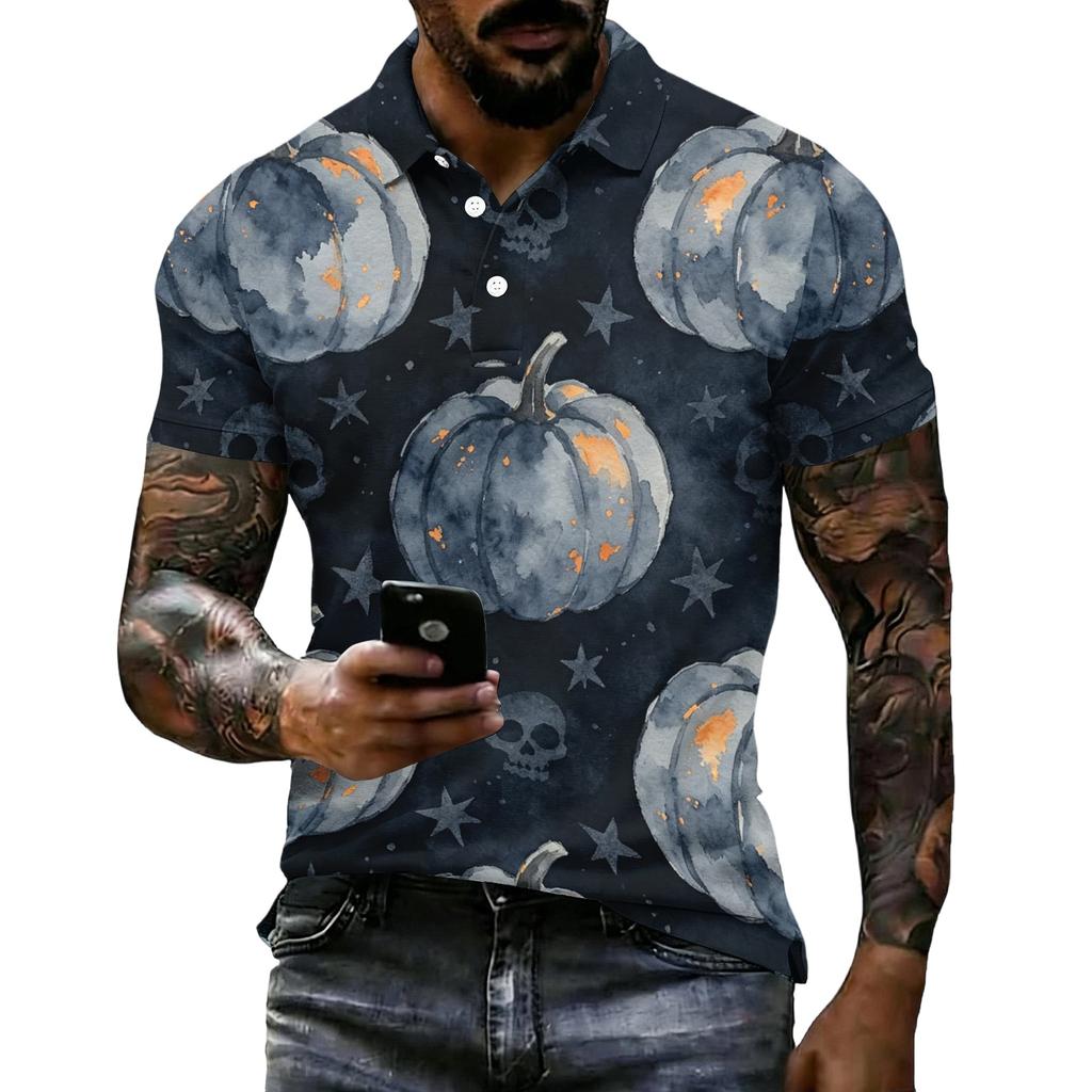 Men's Halloween Print Short Sleeve Polo Shirt Loose Fit Casual Summer Daily Top Button Down Collar