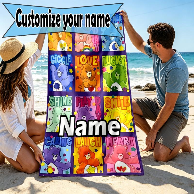 Custom Name Personalized Care Bears Print Beach Towel, for Trip Camping Beach Party Home Decor, Birthday Gift for Family & Friends