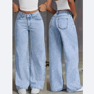 Damen Neue Stretch Lockere Weitbeinige Gerade Jeans. Freizeithose mit Taschen, Hochtaillierter Komfort Einfarbig Pantalones