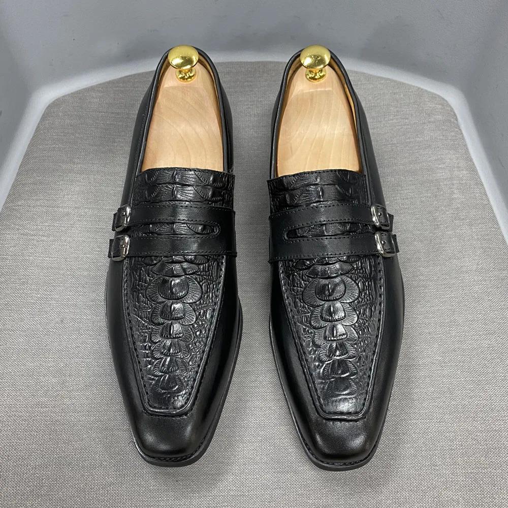 Fashion Luxury Men Dress Shoes Genuine Leather Crocodile Print Wedding Loafers Double Buckles Business Office Formal Slip on Mens Shoes