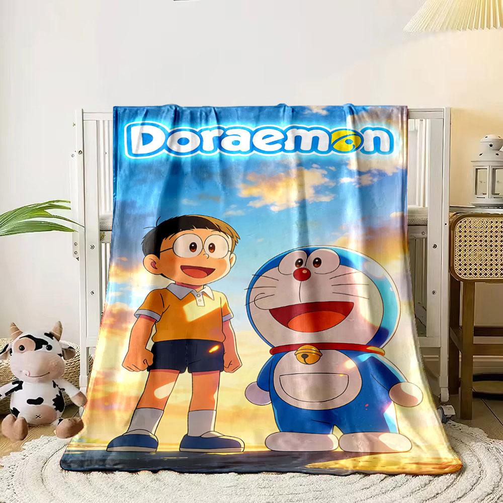 A robot cat and a boy stand together with a colorful sky background. for all seasons blanket lunch break throw gift 80cm x 120cm