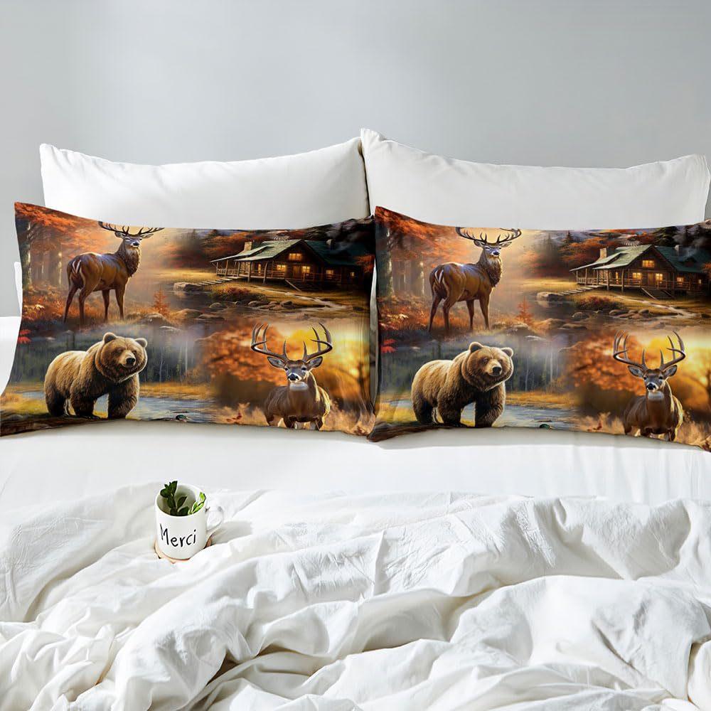 Beardeer Woodland Country Cottage Three-Piece Quilt Cover Digital Printing Bedding Set Bed Cover