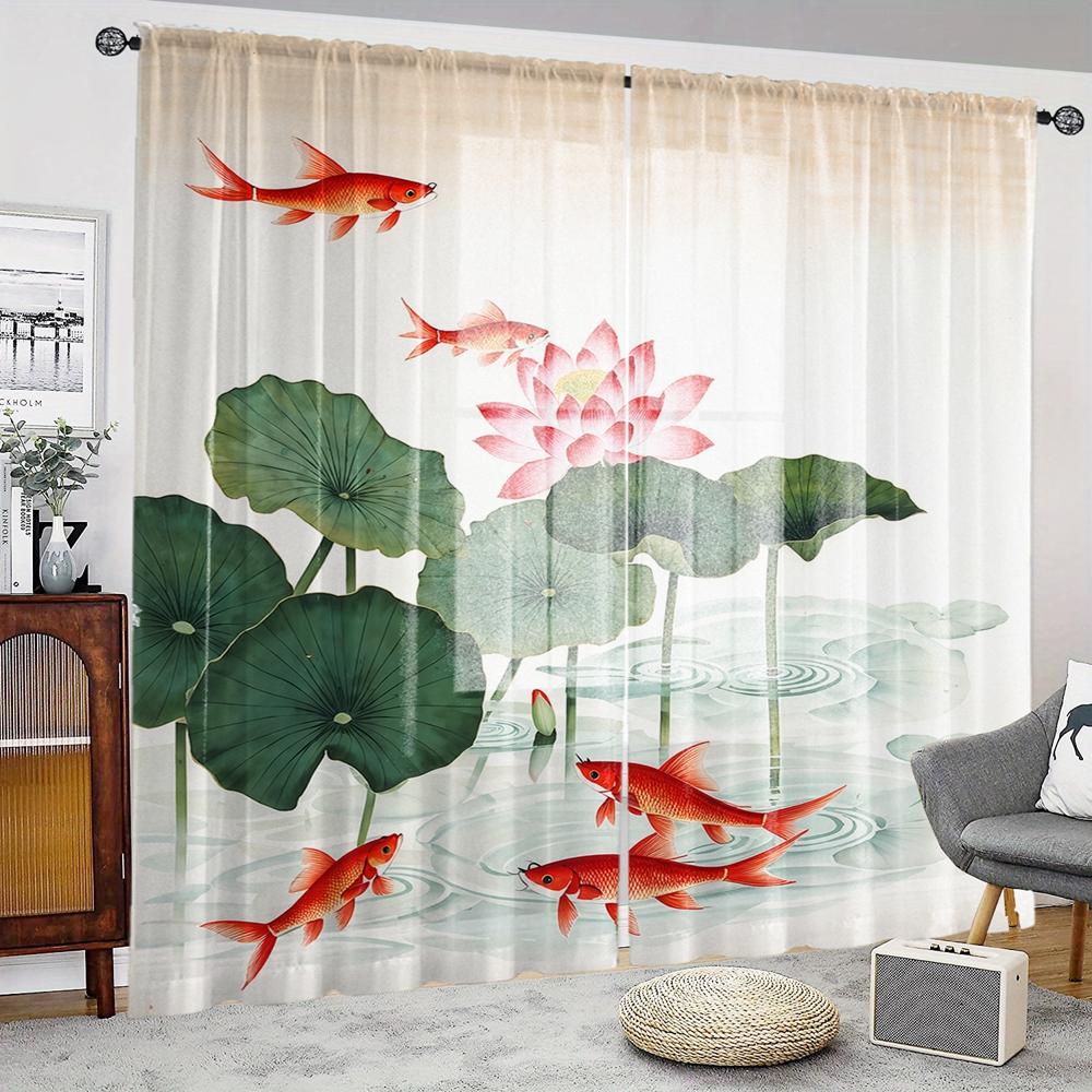2 kusy HD Digitální Čínský Lotos Feng Shui Štěstí Kapr Tištěná Okenní Zástěna Styl Domácí Dekorace Dekorace Obývací Pokoj Ložnice