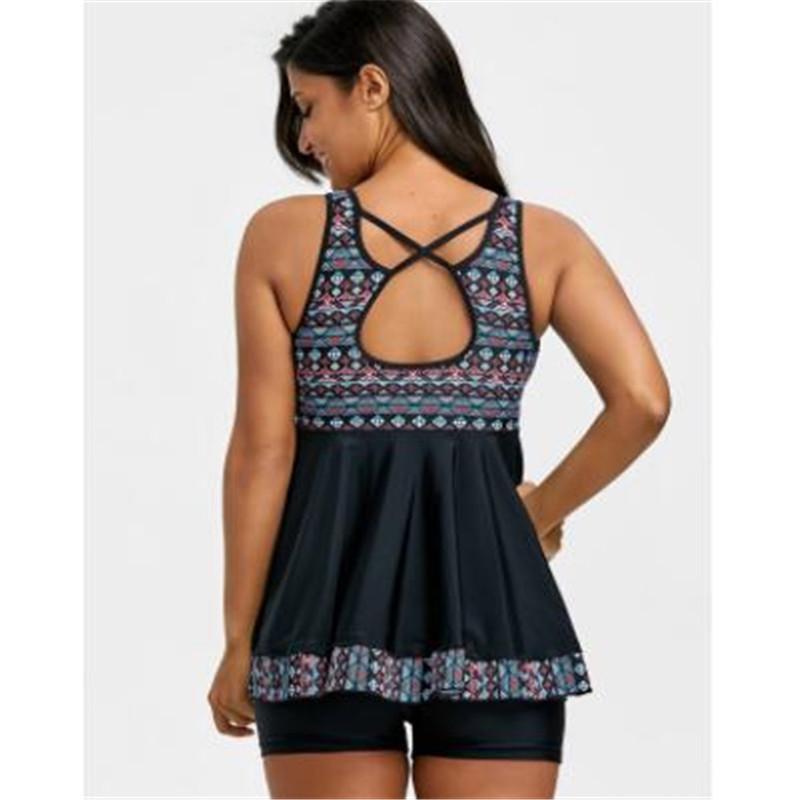 Elegant Womens Fashion Plus Size V Neck Skirted Print Front Tankini Swimsuit