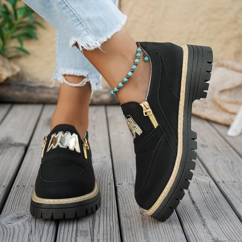 New Large-sized Sports Single Shoes with Zipper, Thick Heel and Round Toe Loafers for Women