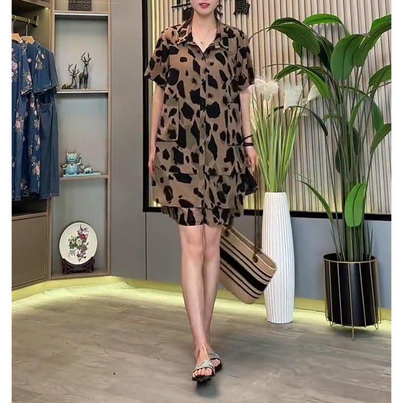 Women Summer Loose Fit Leopard Print Short Sleeve Top and Shorts Set Plus Size Outfit Comfortable Two Piece
