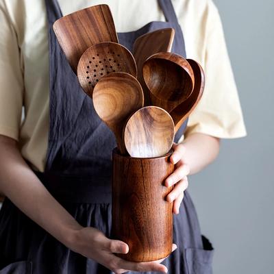 Wood Kitchenware Cooking Set Household Spatula Spoon Set Salad Spoon Fork Stirring Spoon Kitchen Baking Set With Storage Bucket