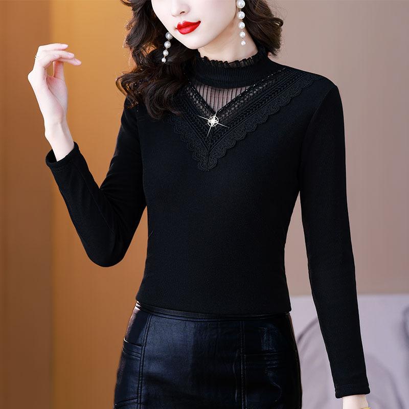 Camiseta básica de cuello alto para mujer, nueva de invierno, felpa gruesa, top moderno, jersey, camiseta de manga larga