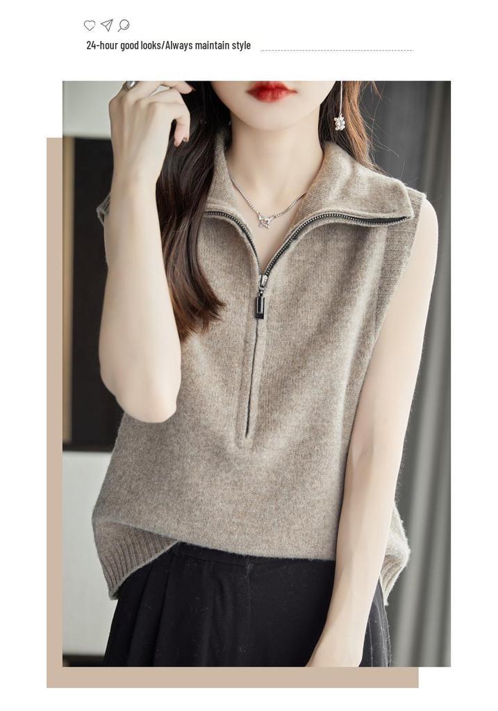 Summer 2026 Women's Grey Zipper High-Neck Knit Vest Sweater – Stylish and Casual Design