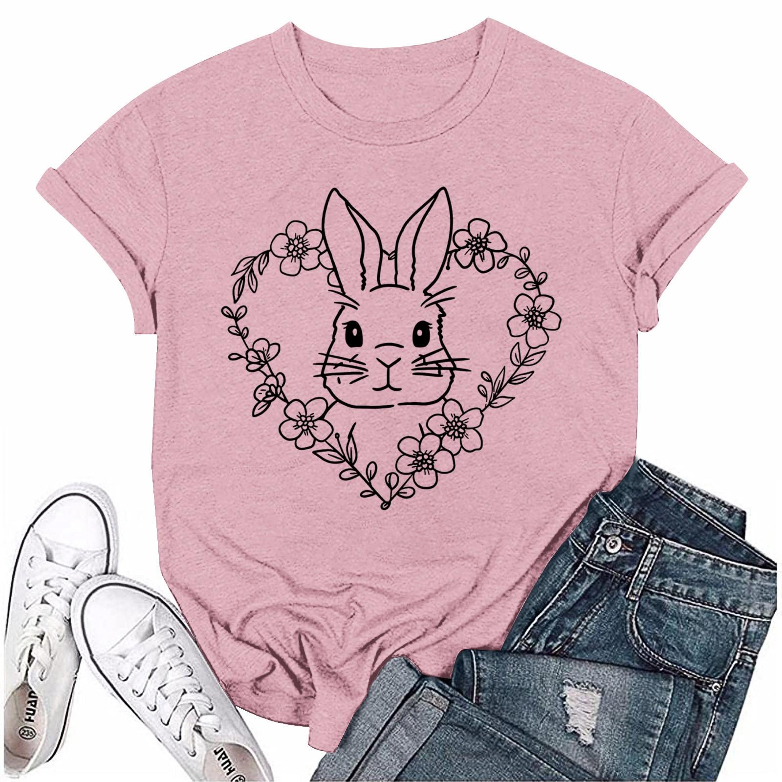 

Женская модная пасхальная принтованная повседневная плиссированная круглая футболка с коротким рукавом L розовый