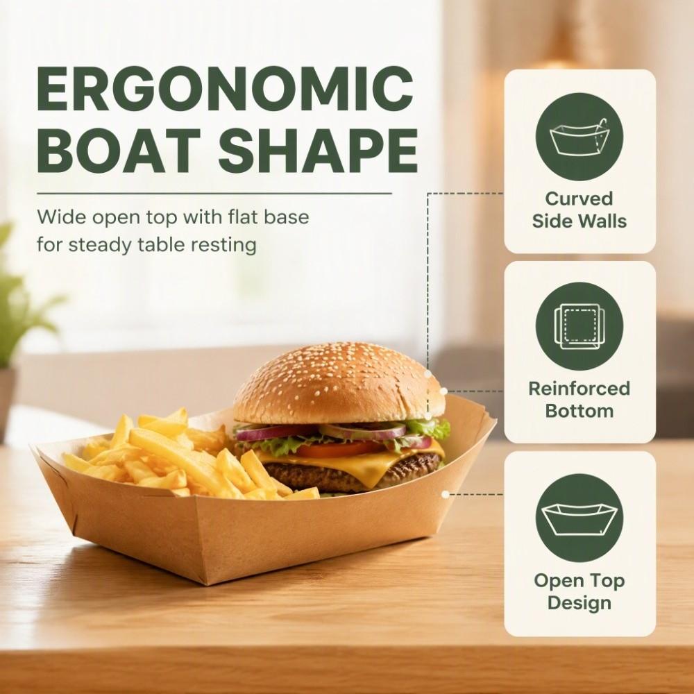 50PCS Food Boat Paper Food Tray Kraft Paper French Fries Tray  Party Picnic Wedding