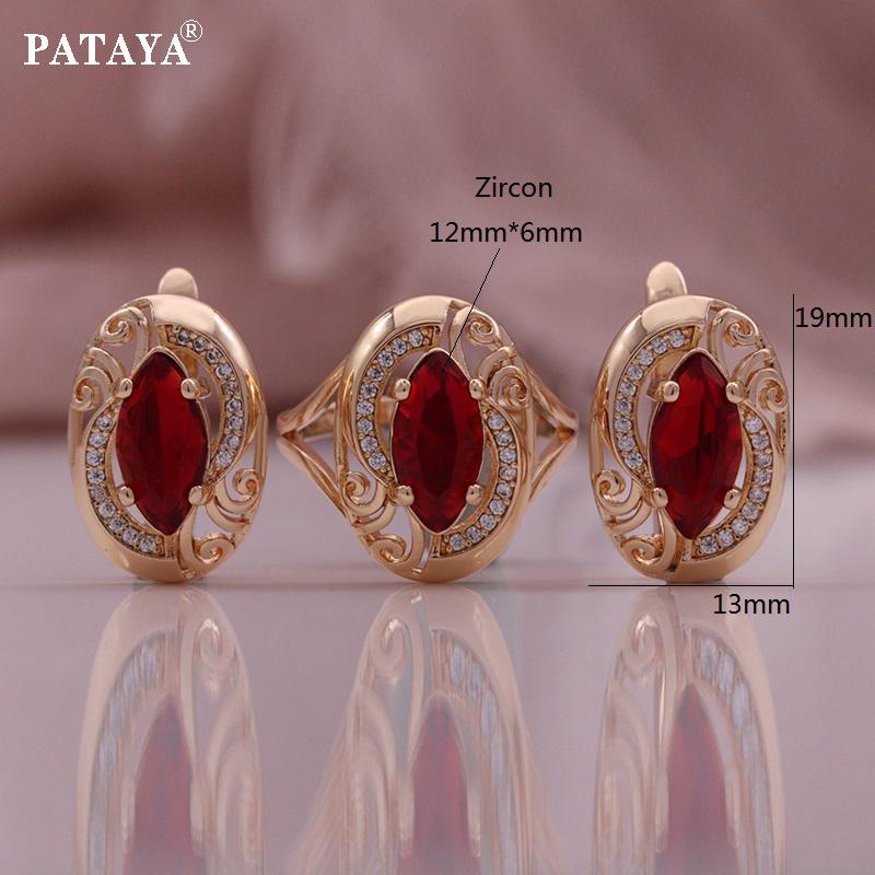 

PATAYA Уникальный женский комплект из серег и кольца цвета розового золота 585 пробы с искусственным цирконом формы «кошачий глаз» красного цвета 8