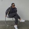 Women Solid Color Long Sleeve Hooded V Neck Hoodies Suit Autumn Winter Loose Top Wide Leg Pants