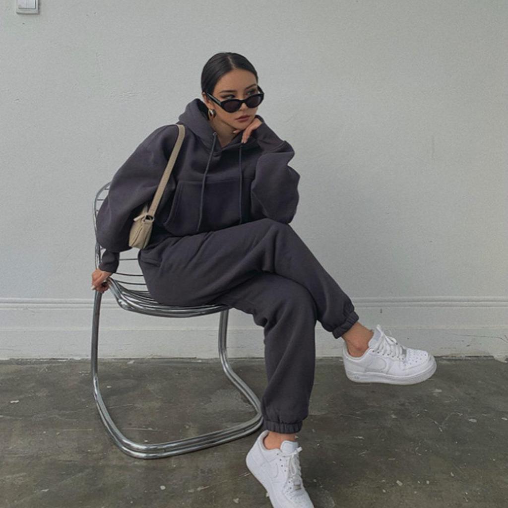 Women Solid Color Long Sleeve Hooded V Neck Hoodies Suit Autumn Winter Loose Top Wide Leg Pants