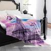 1pc Romantic Paris Eiffel Tower & Purple Butterfly Print Flannel Blanket - High-Weight Soft Warmth, Light -Friendly All-Season