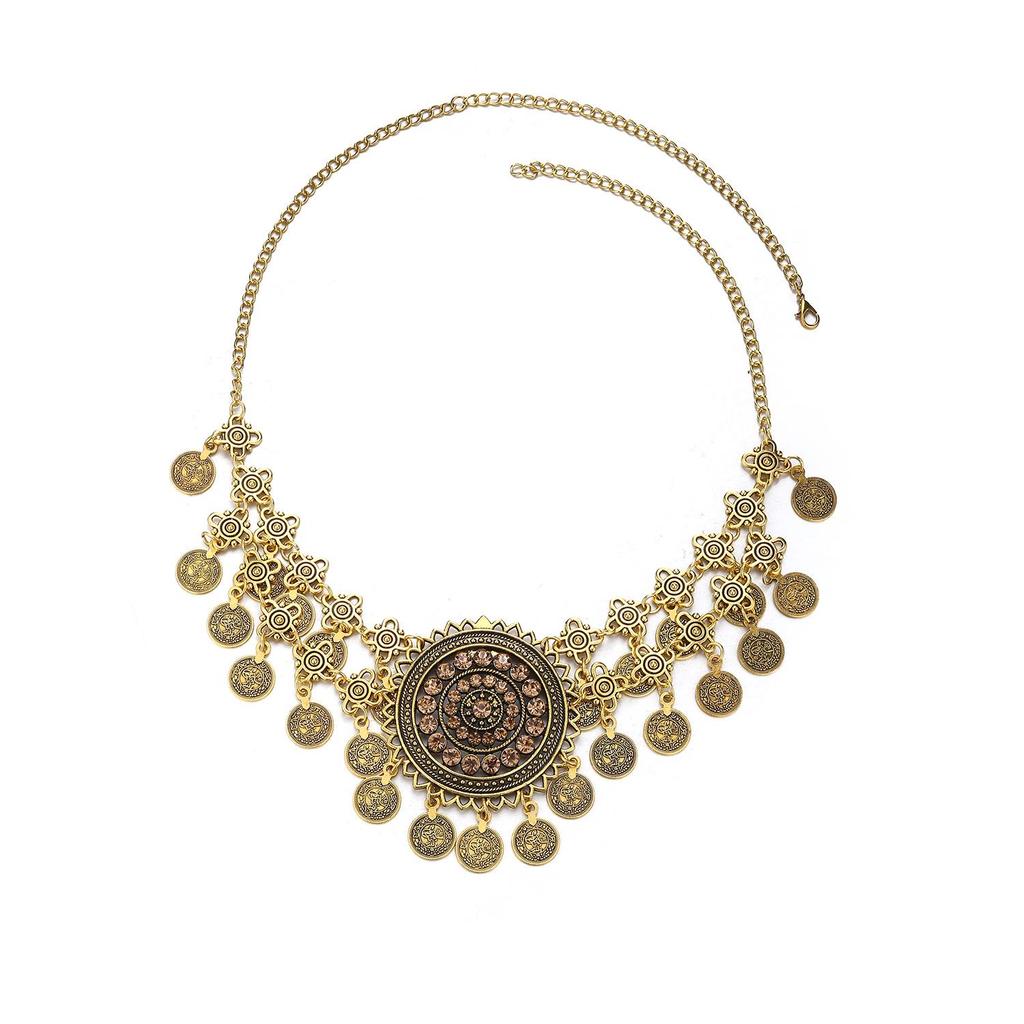 Bohemian Exotic Rhinestone Tassel Necklace & Earrings Set In Antiqued Alloy