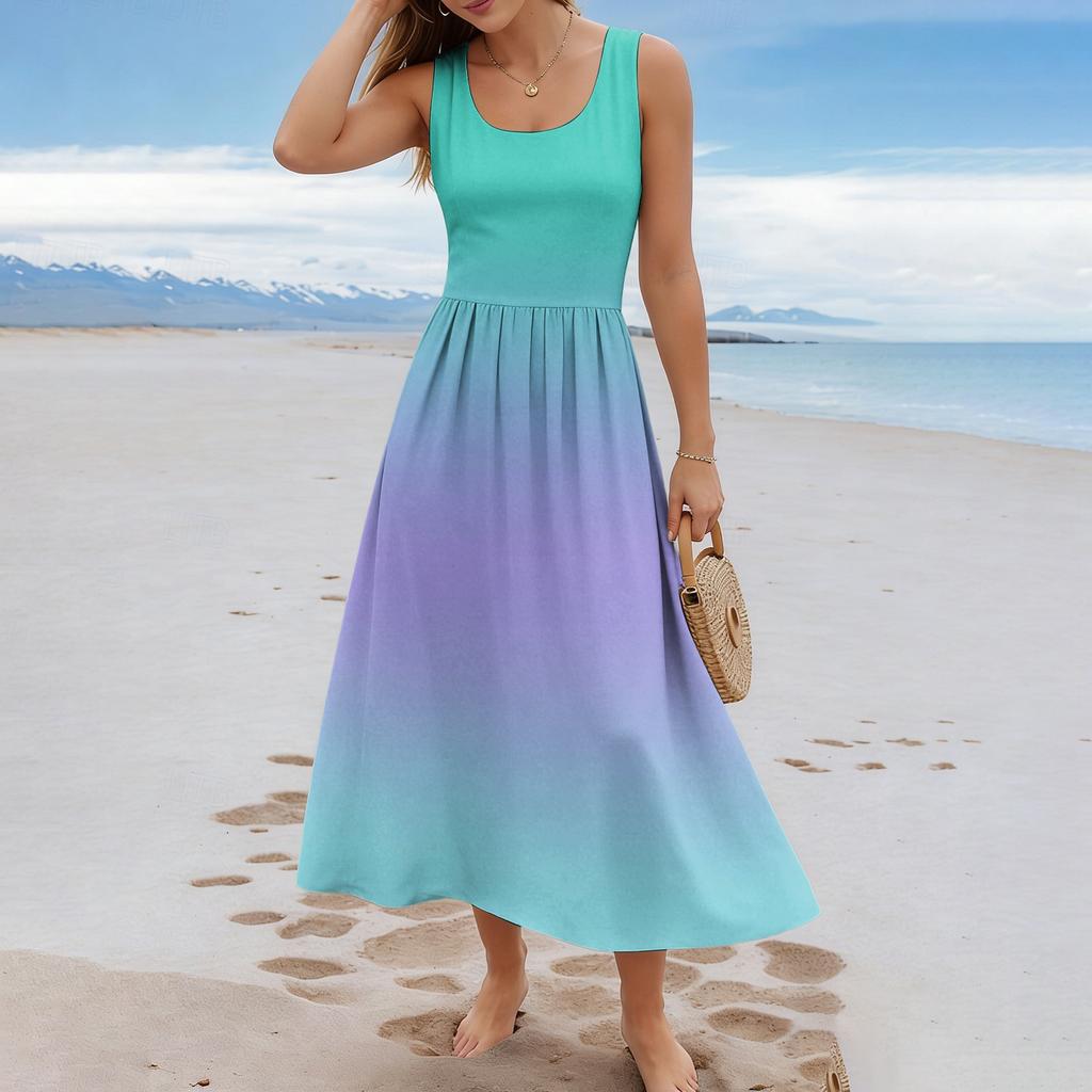 Ladies' Gradient Printed Summer Casual and Fashionable Sleeveless Long Dress