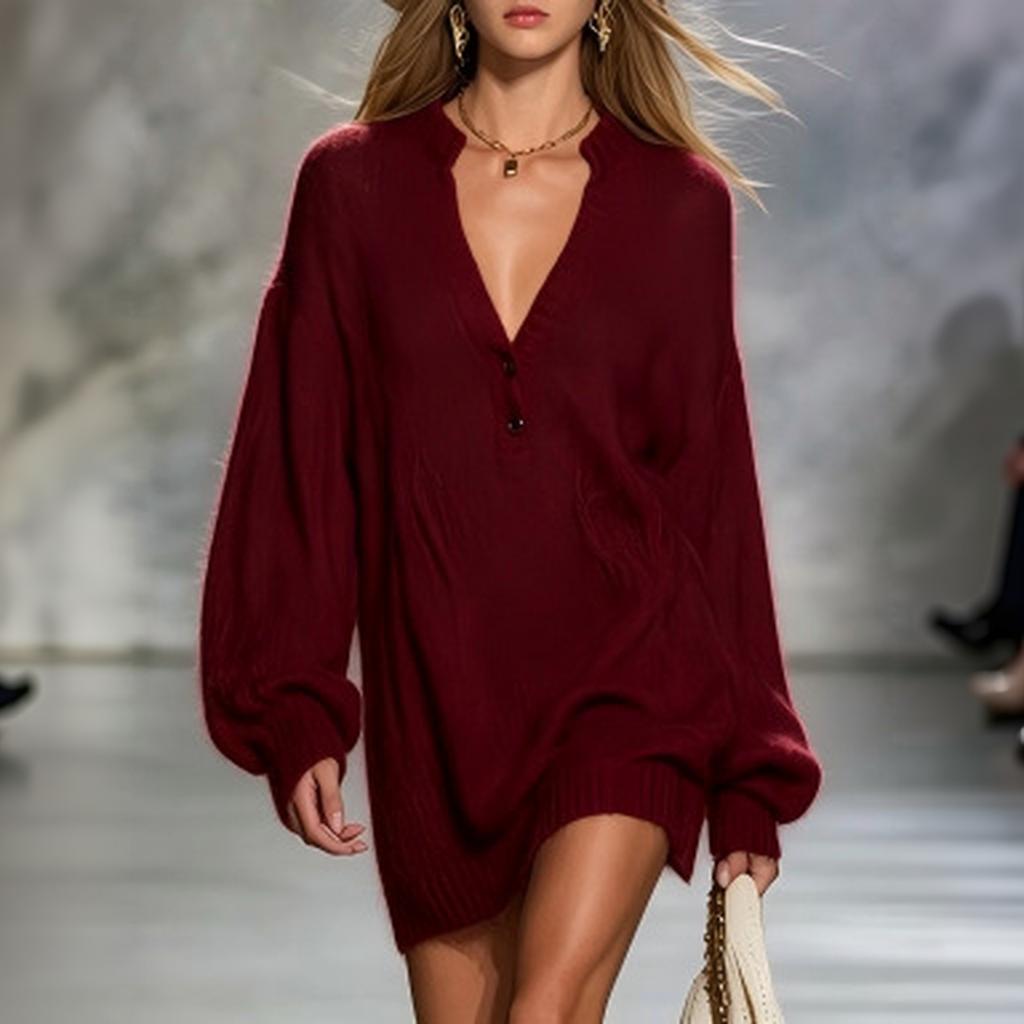 Women's V-Neck Color Knit Sweater Dress Long Sleeve for Casual Wear