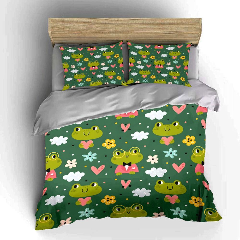 Cute Frog-Themed Pattern Set Exquisite Three-piece Bedding Set Gift for Kids and Adults
