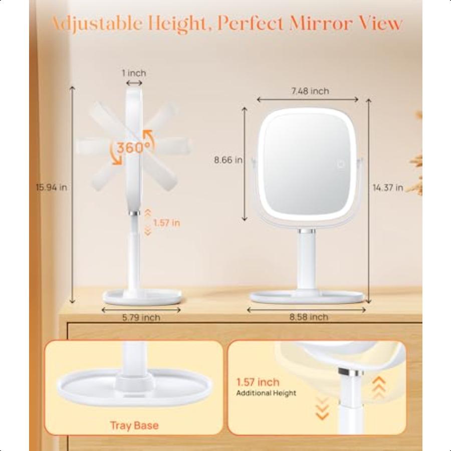 Lighted Makeup Mirror with Lights and Magnification 1X 10X Tray Base and Height Adjustable for Desk 4000mAh Rechargeable Batter