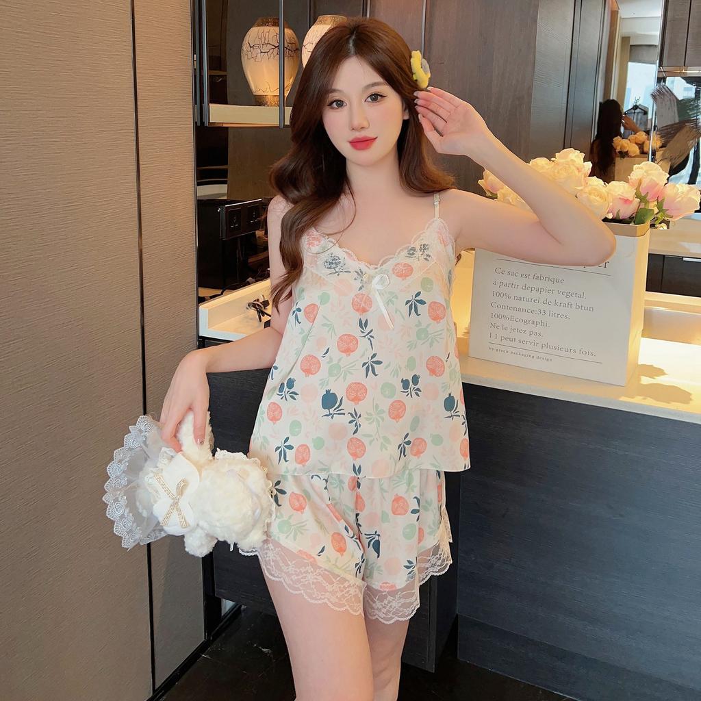 Sexy pajamas women's summer thin ice silk suspenders shorts lace new loungewear